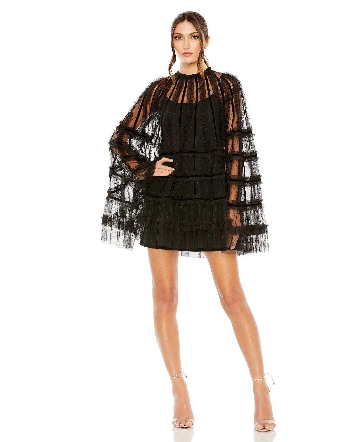 Mac Duggal 8053 High Neck Ruffle Bell Sleeve Trapeze Short Dress