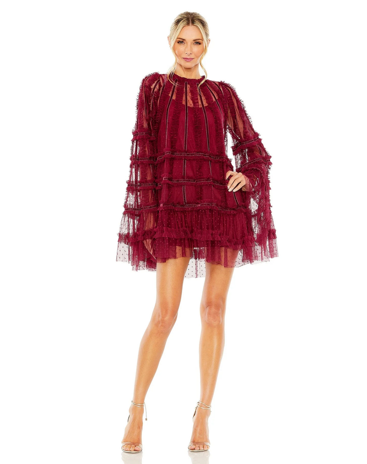 Mac Duggal 8053 High Neck Ruffle Bell Sleeve Trapeze Short Dress