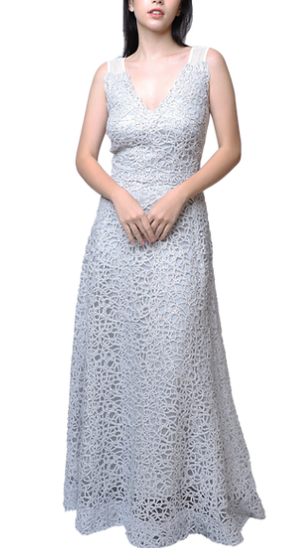 Tadashi Shoji Dorothy Metallic V Neck Gown in Silver