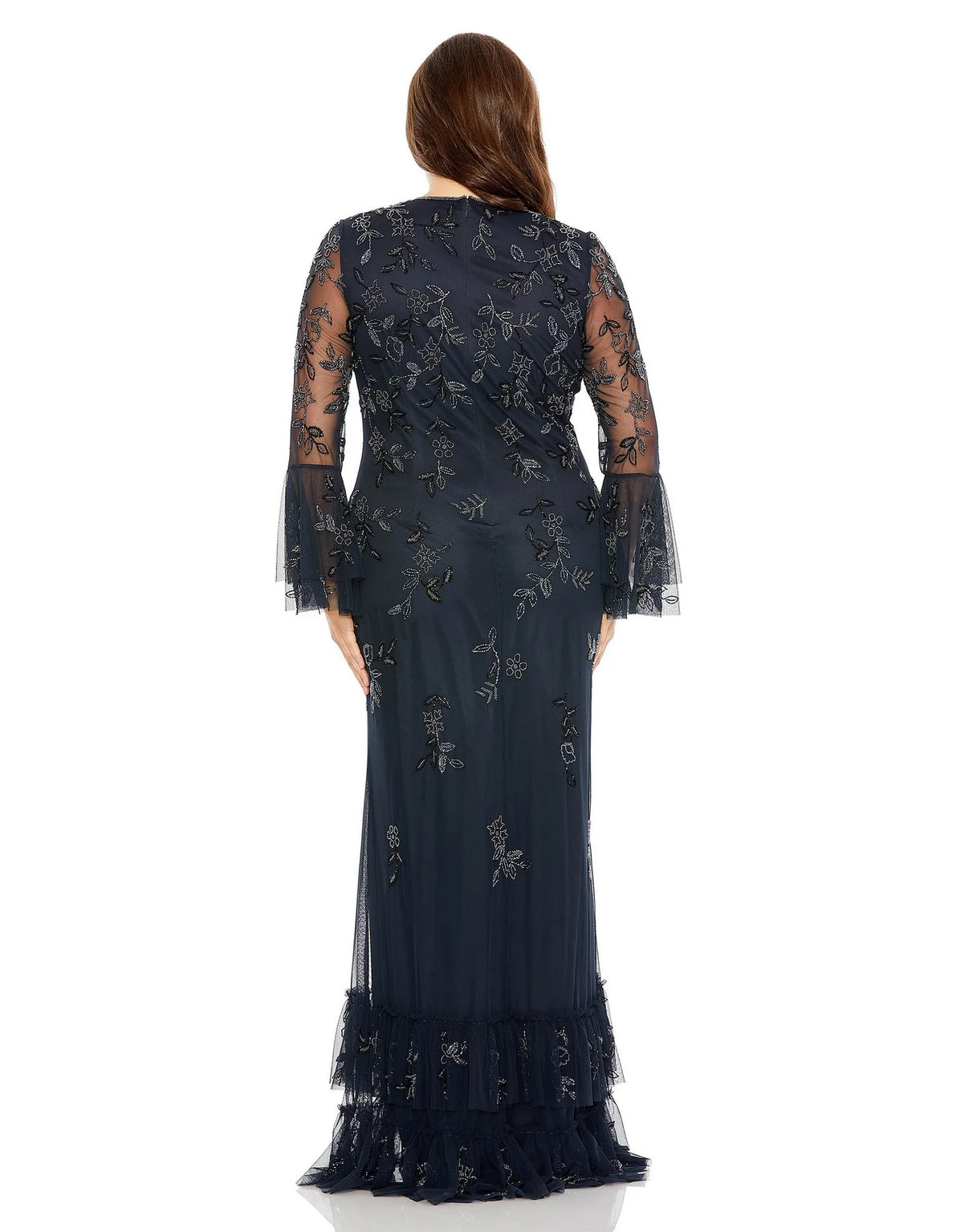 Mac Duggal 9239 Long V Neck Embellished Flutter Tiered Long Sleeve Plus Size Dress