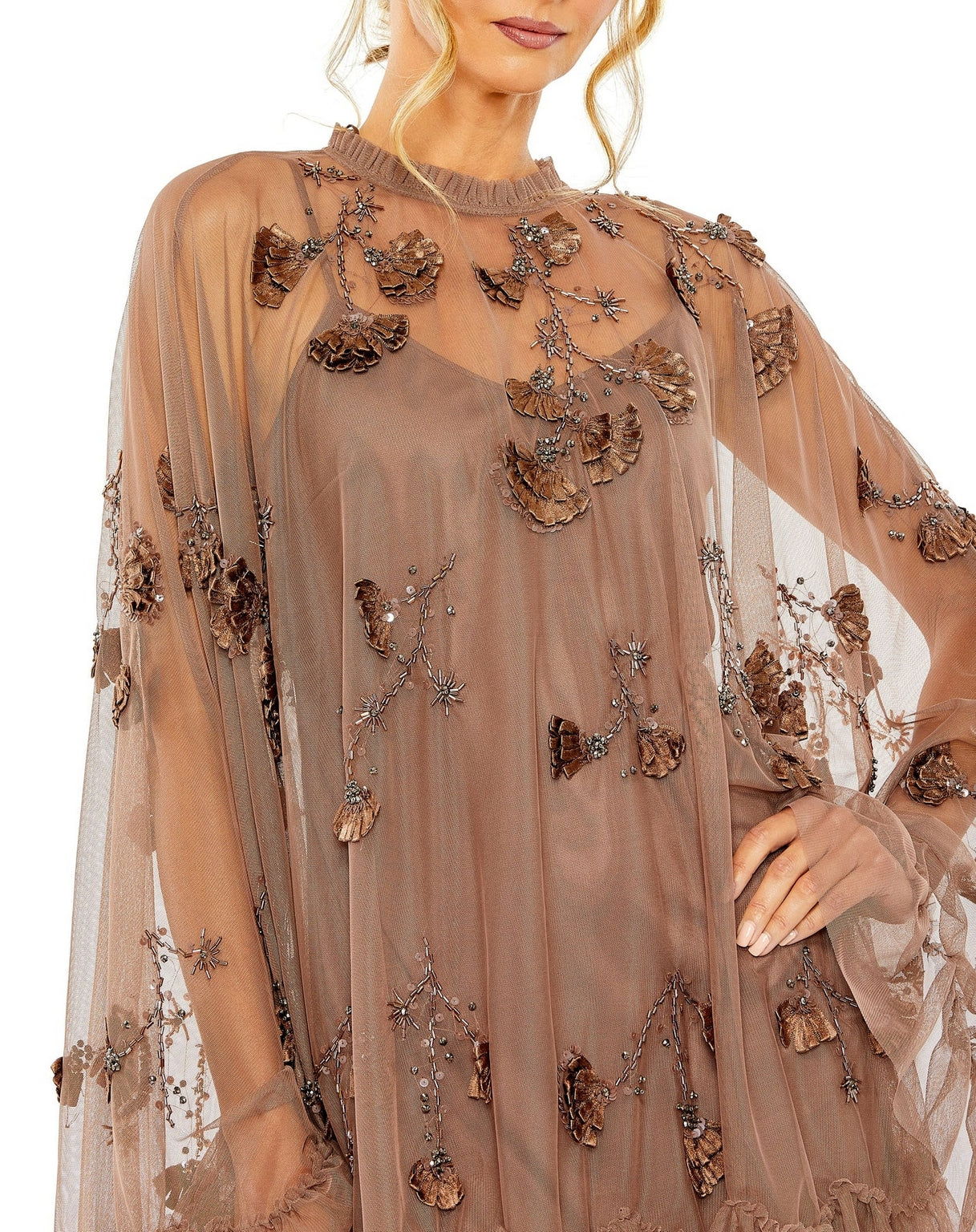 Mac Duggal 9257 Embellished Long Flare Sleeve Mesh A Line Short Dress