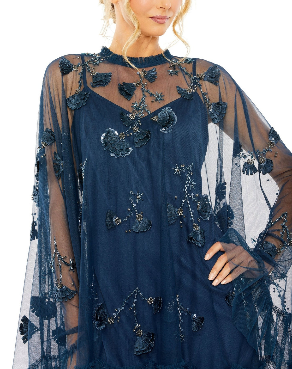 Mac Duggal 9257 Embellished Long Flare Sleeve Mesh A Line Short Dress