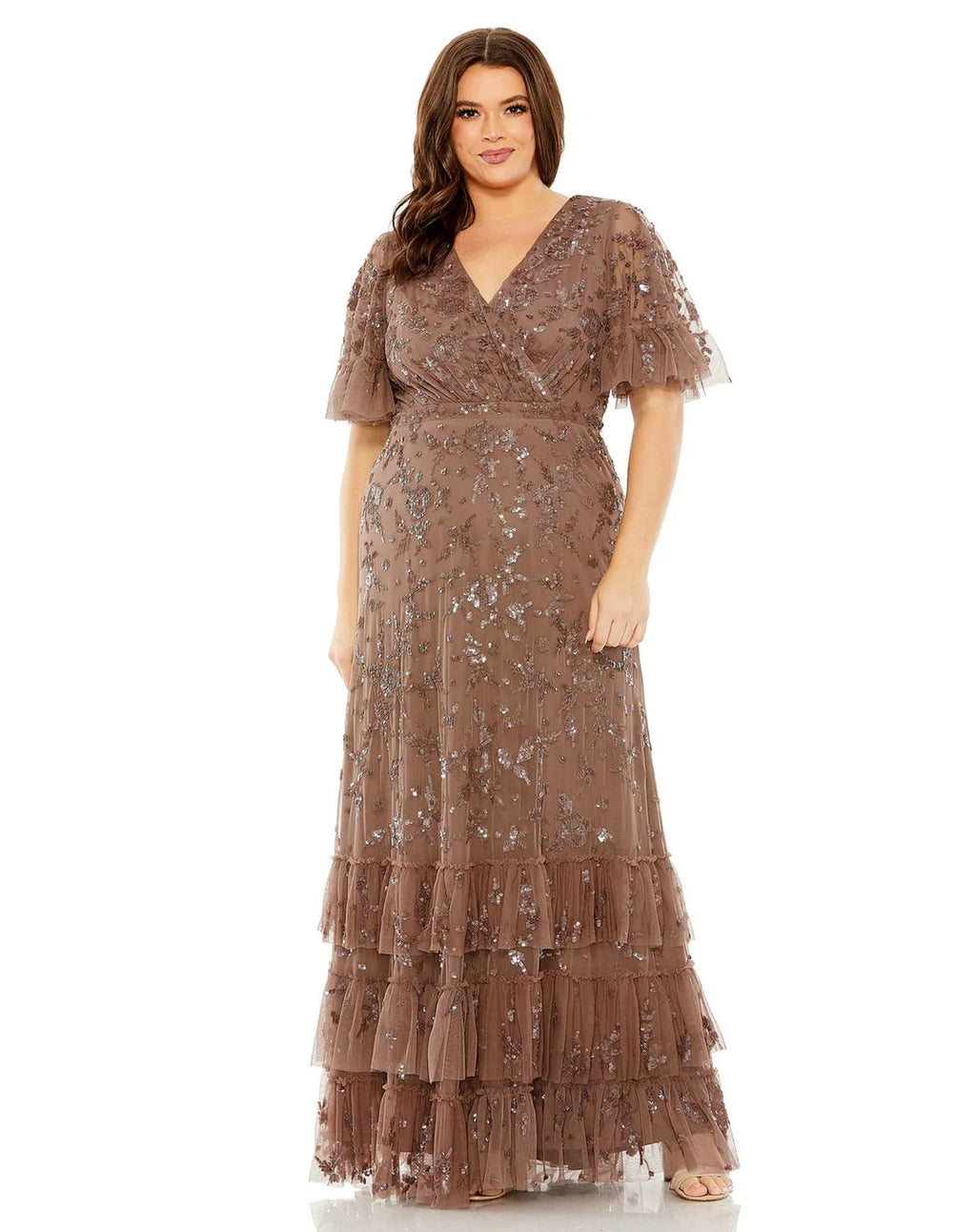 Mac Duggal 9270 Long Sequin Embellished Flutter Sleeve Faux Wrap V Neck Tiered Plus Size Dress