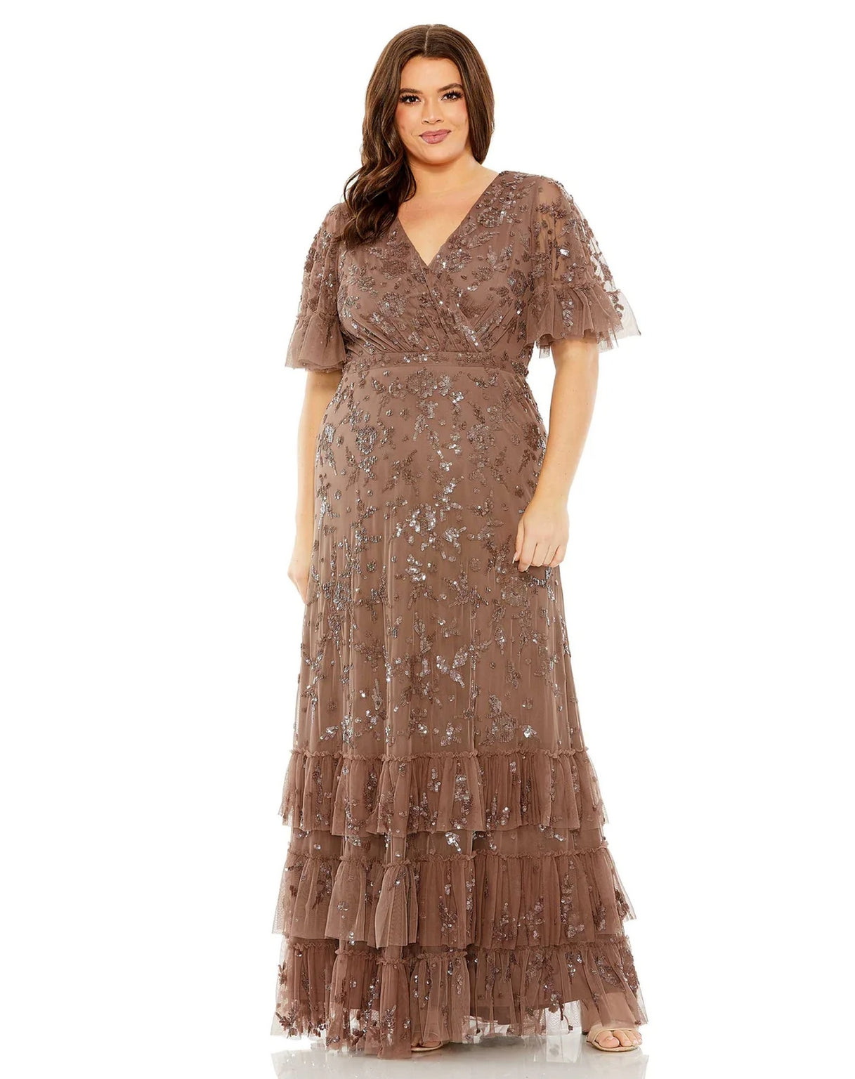 Mac Duggal 9270 Long Sequin Embellished Flutter Sleeve Faux Wrap V Neck Tiered Plus Size Dress