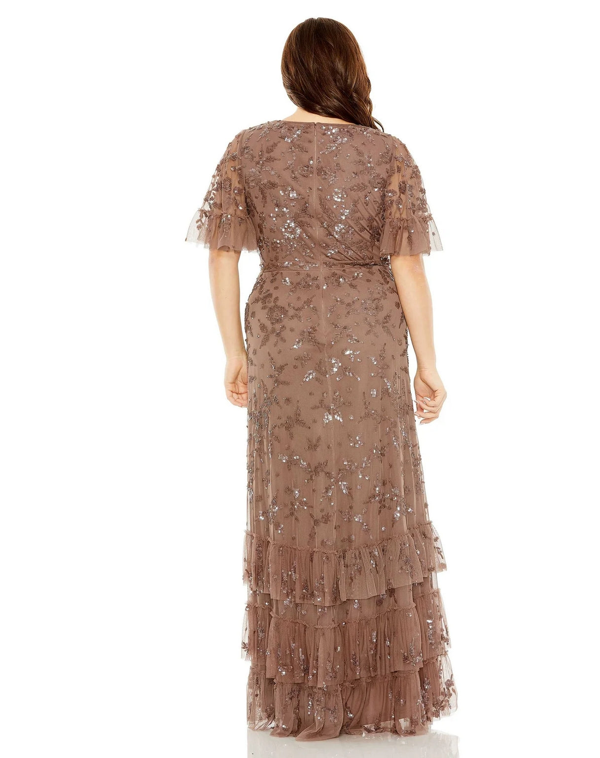 Mac Duggal 9270 Long Sequin Embellished Flutter Sleeve Faux Wrap V Neck Tiered Plus Size Dress