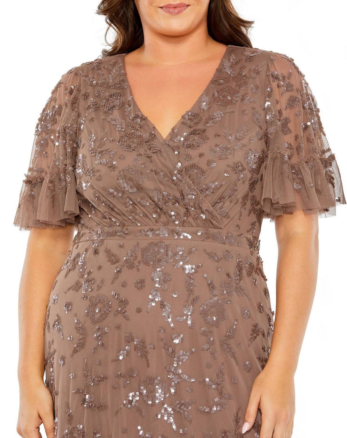 Mac Duggal 9270 Long Sequin Embellished Flutter Sleeve Faux Wrap V Neck Tiered Plus Size Dress