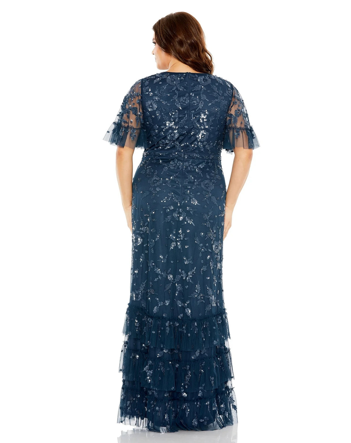 Mac Duggal 9270 Long Sequin Embellished Flutter Sleeve Faux Wrap V Neck Tiered Plus Size Dress