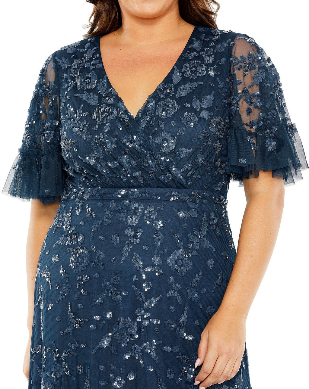Mac Duggal 9270 Long Sequin Embellished Flutter Sleeve Faux Wrap V Neck Tiered Plus Size Dress