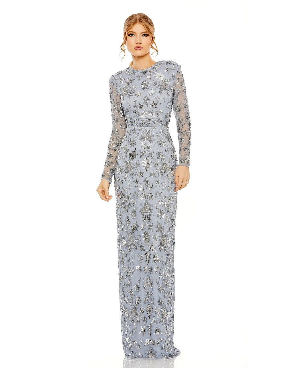 Mac Duggal 93939 High Neck Long Sleeve Embellished Column Dress