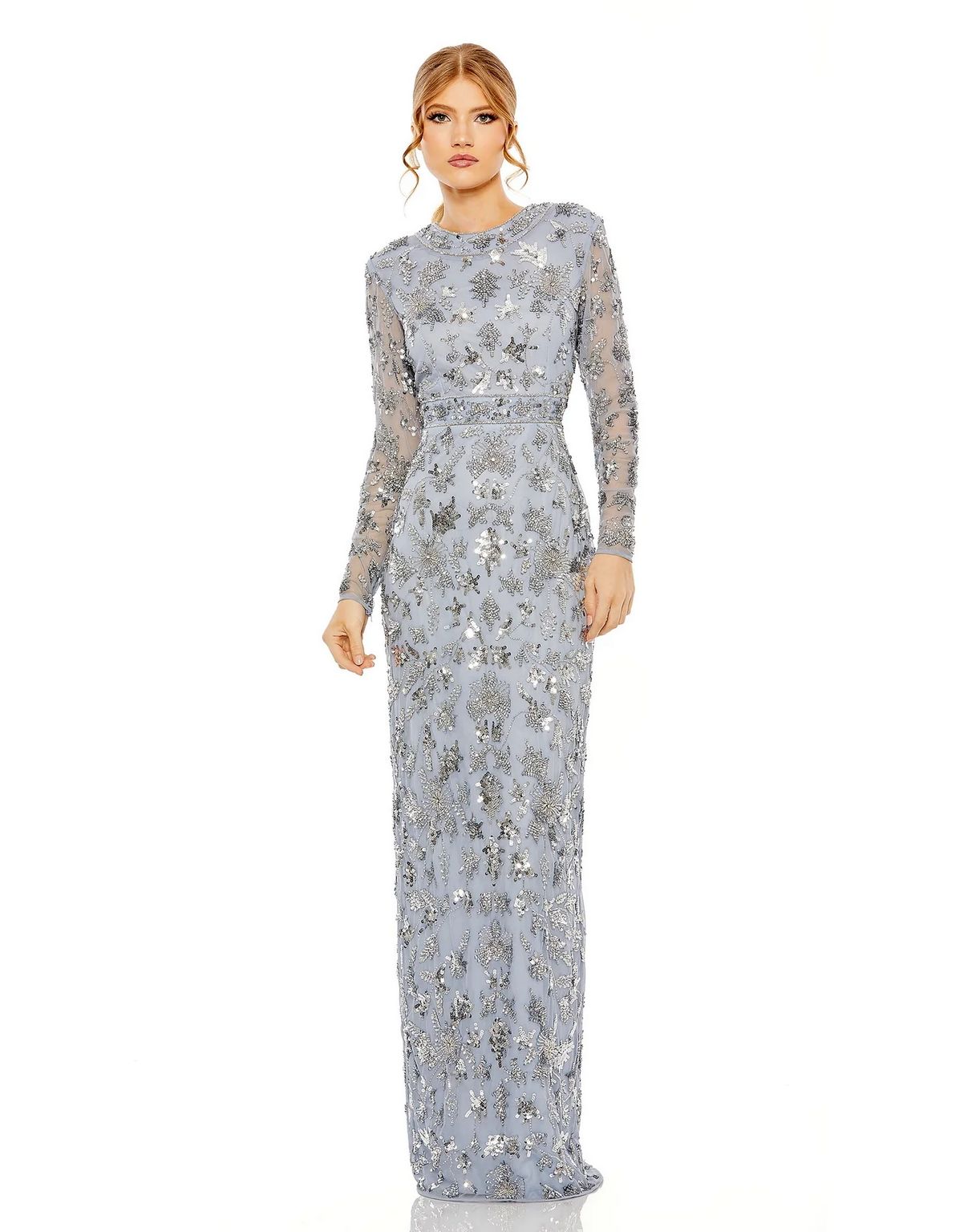 Mac Duggal 93939 High Neck Long Sleeve Embellished Column Dress