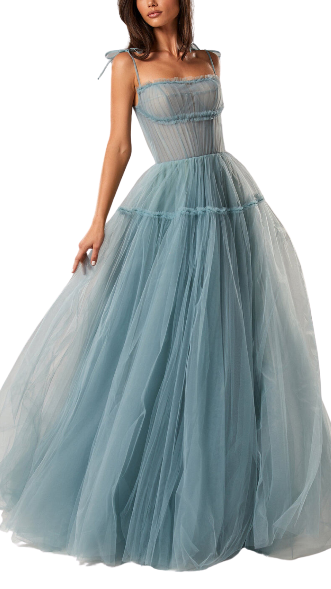 Milla Tulle Tie-Straps Maxi Dress in Ocean Wave