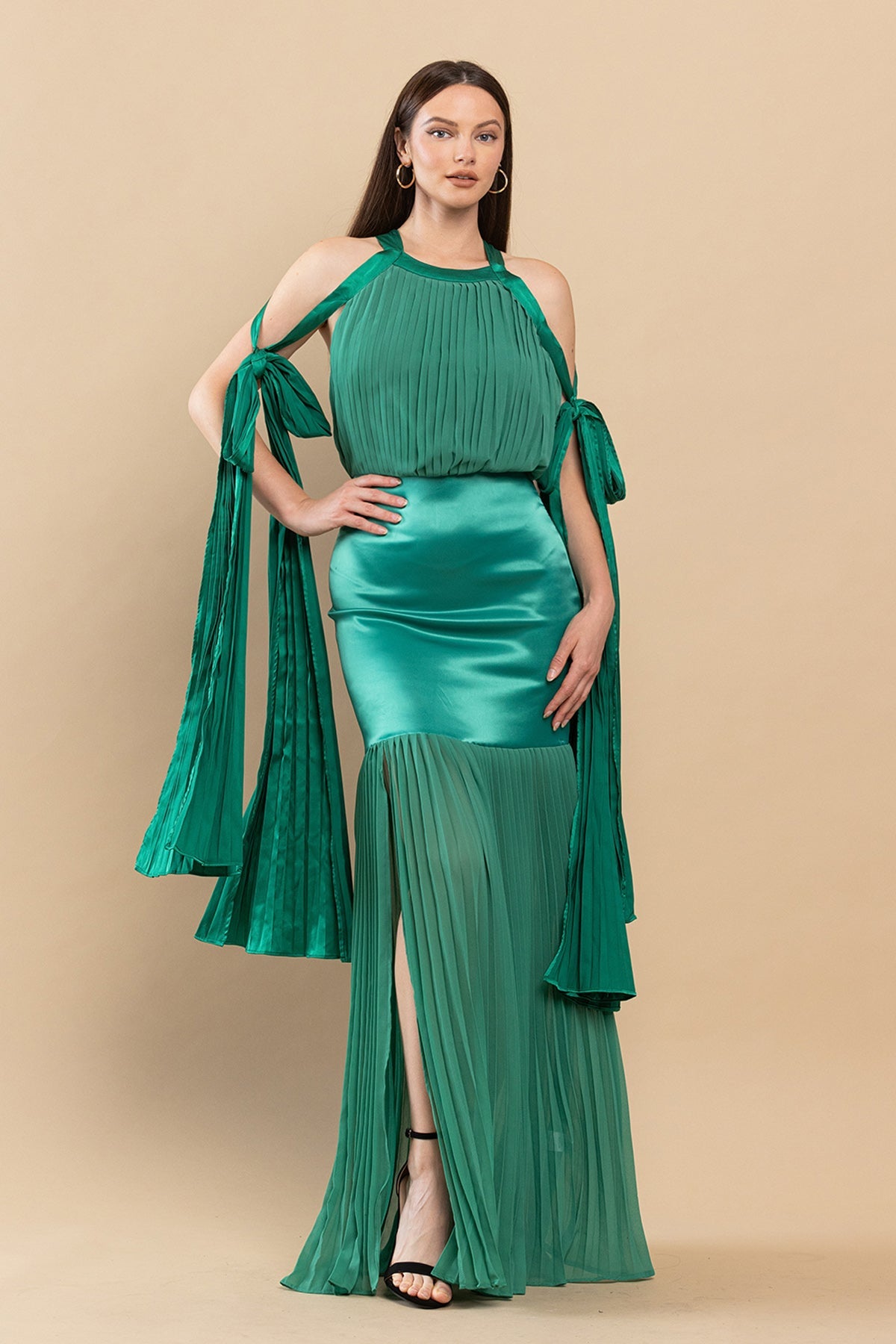Long Mermaid Pleated Satin Maxi Dress