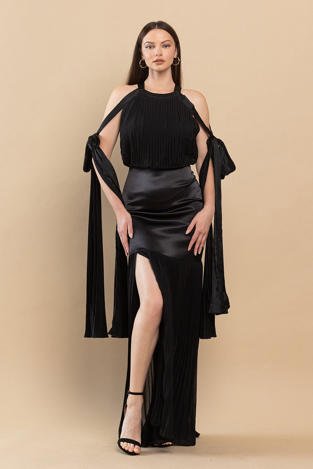 Long Mermaid Pleated Satin Maxi Dress
