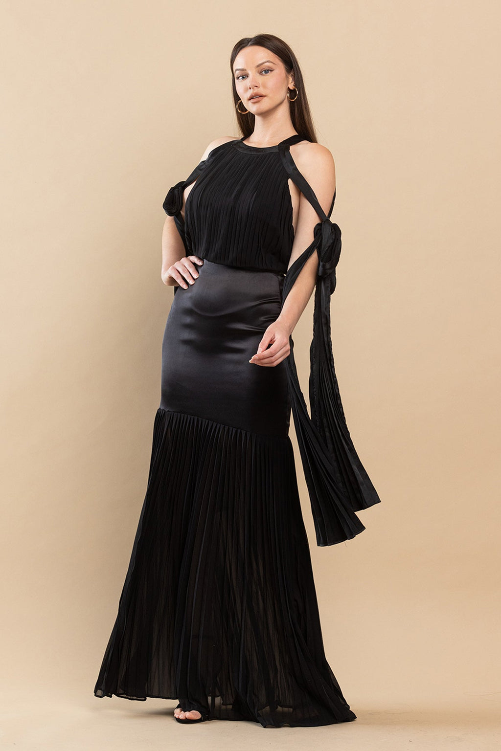 Long Mermaid Pleated Satin Maxi Dress