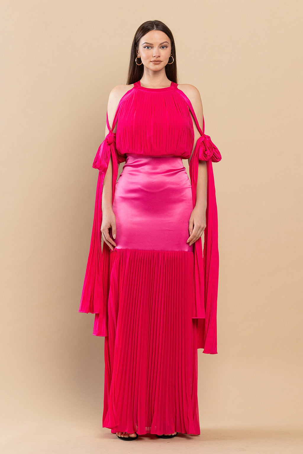 Long Mermaid Pleated Satin Maxi Dress