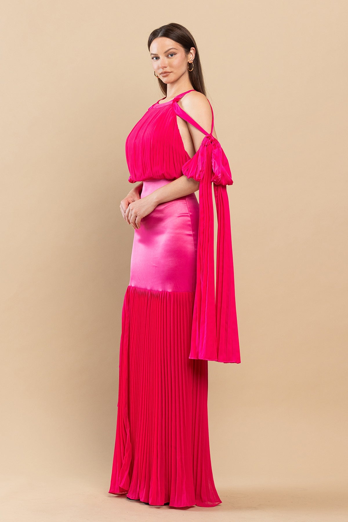 Long Mermaid Pleated Satin Maxi Dress