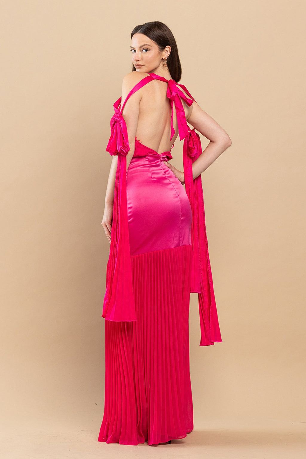 Long Mermaid Pleated Satin Maxi Dress