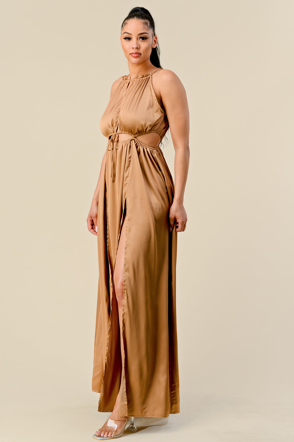 Long Front Cutout Tie Slit Maxi Dress