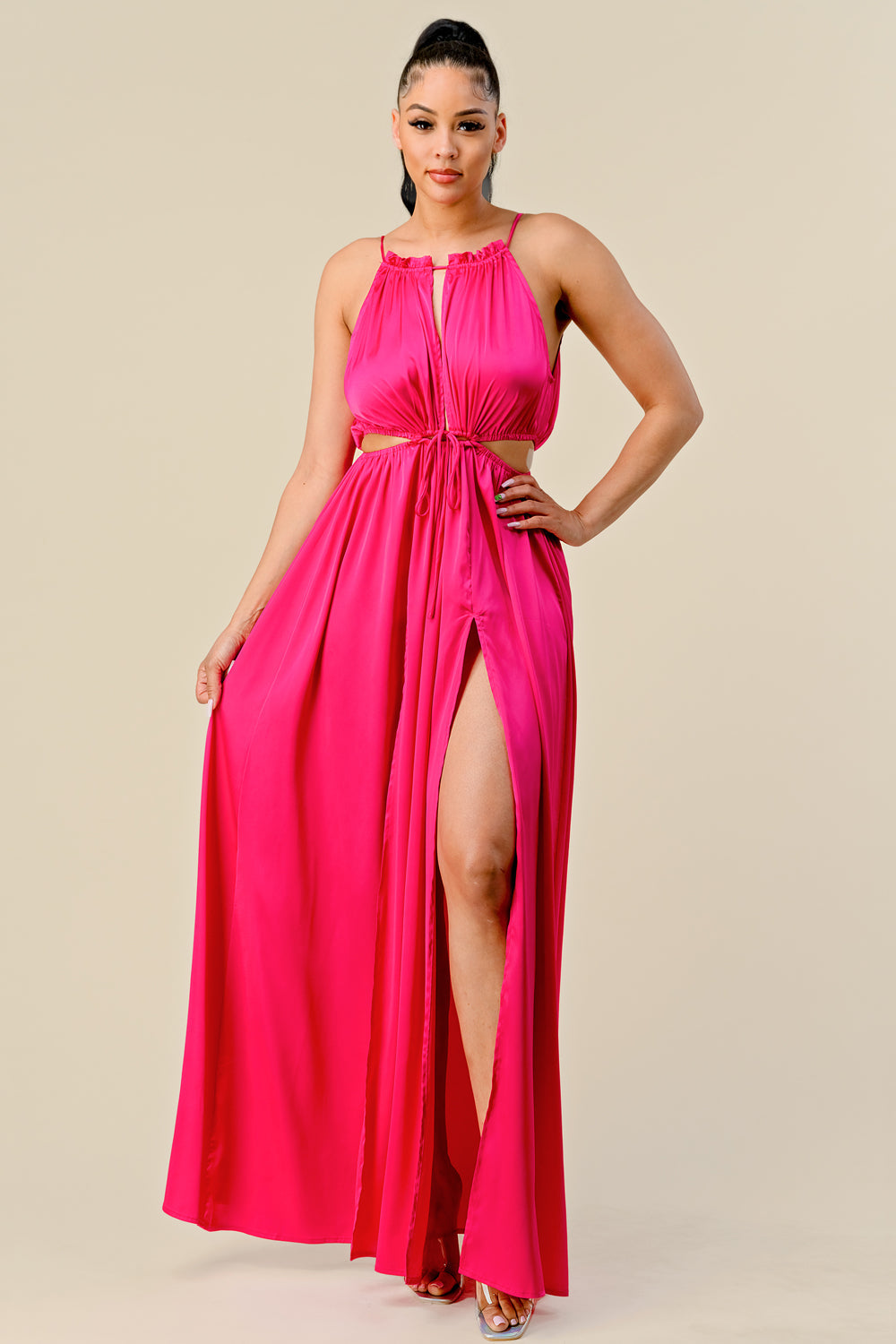 Long Front Cutout Tie Slit Maxi Dress