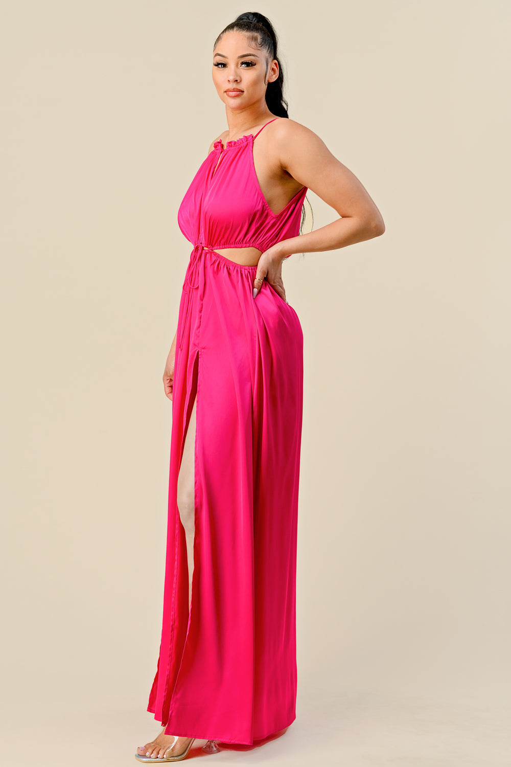 Long Front Cutout Tie Slit Maxi Dress