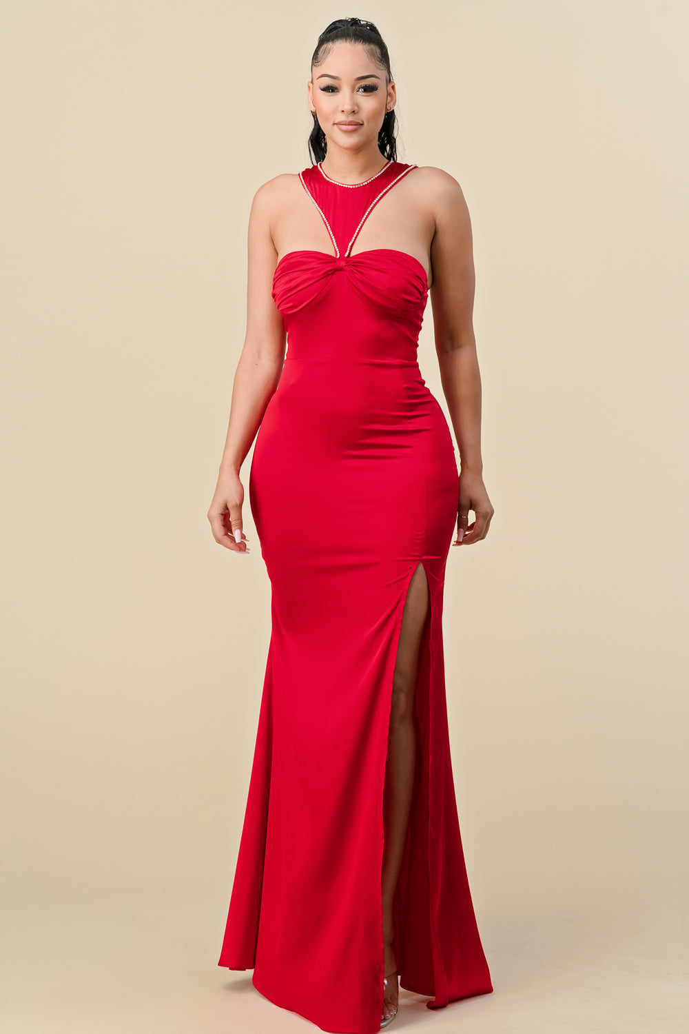 Long Halter Fitted Slit Maxi Dress