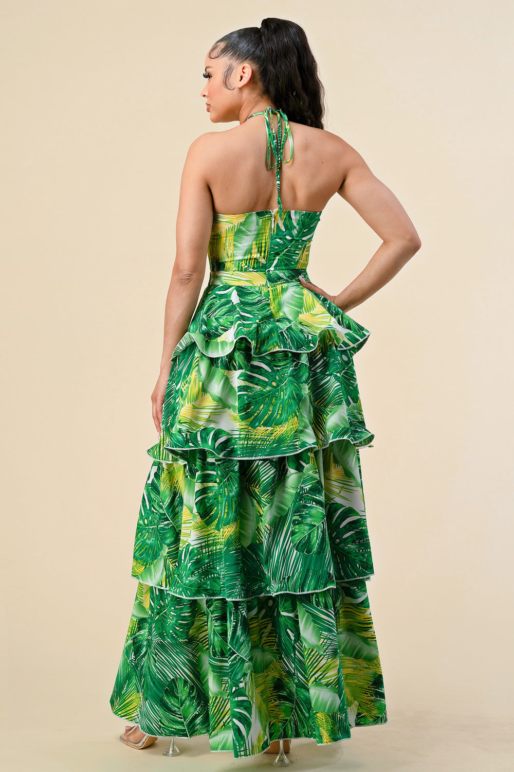 Long Tropical Print Ruffle Halter Maxi Dress