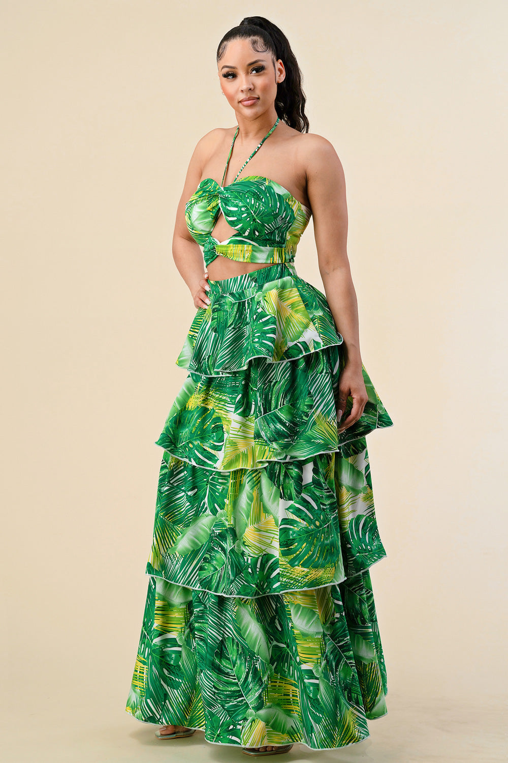 Long Tropical Print Ruffle Halter Maxi Dress