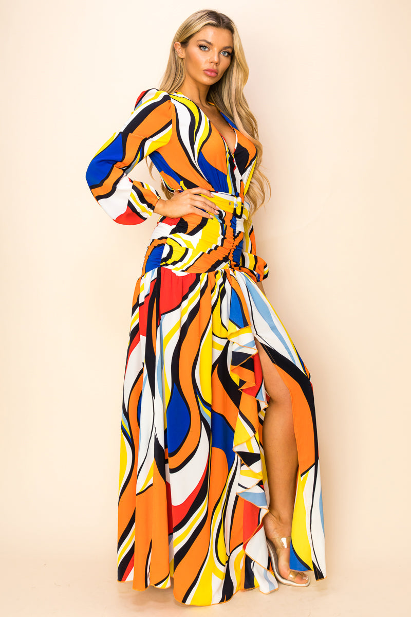 Long Printed Long Sleeve Slit Maxi Dress