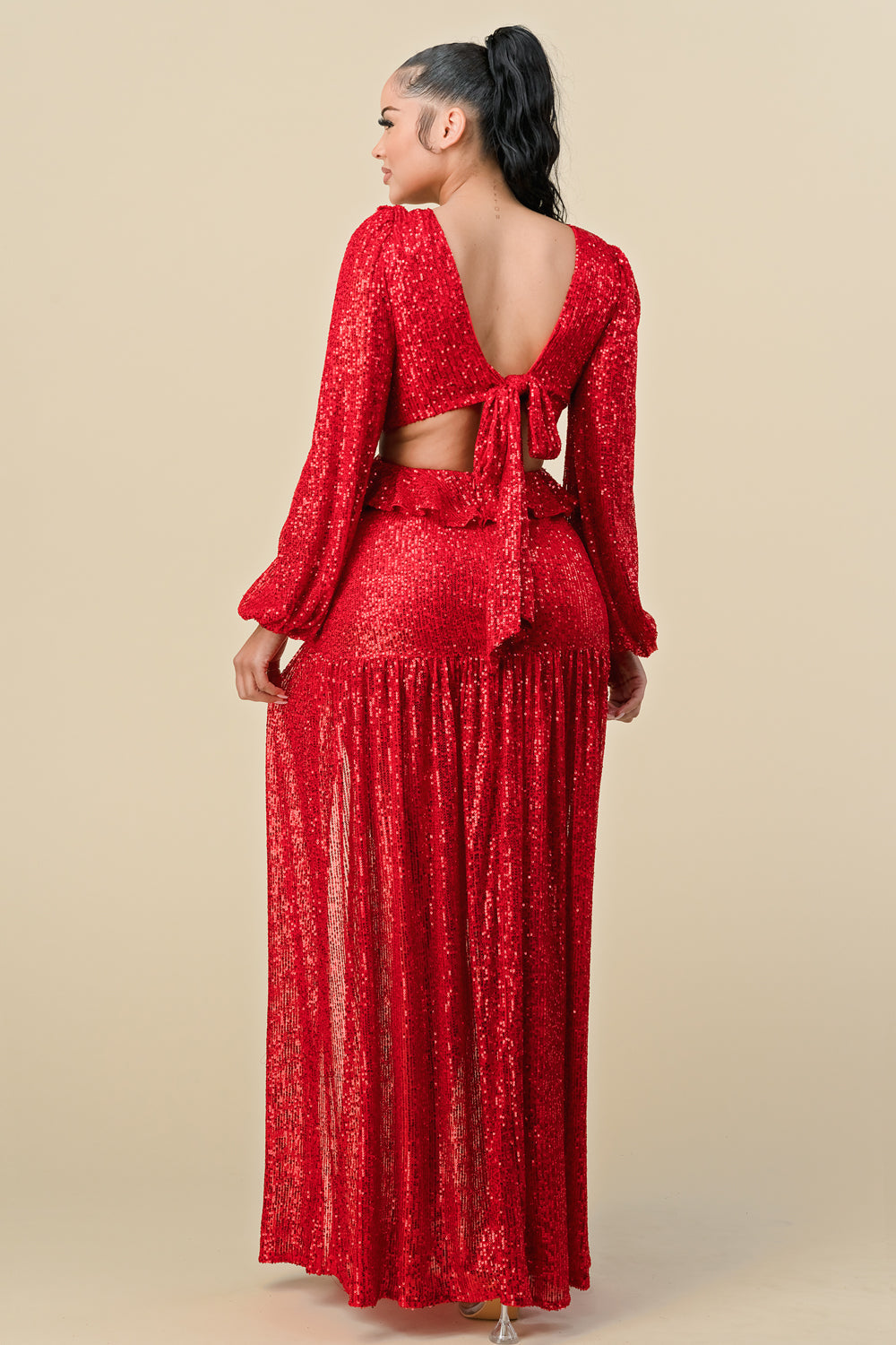 Long Deep V Neck Sequins Long Sleeve Maxi Dress