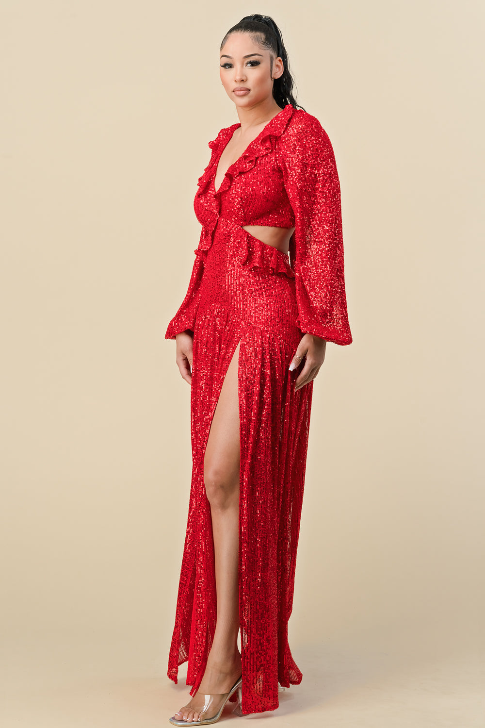 Long Deep V Neck Sequins Long Sleeve Maxi Dress