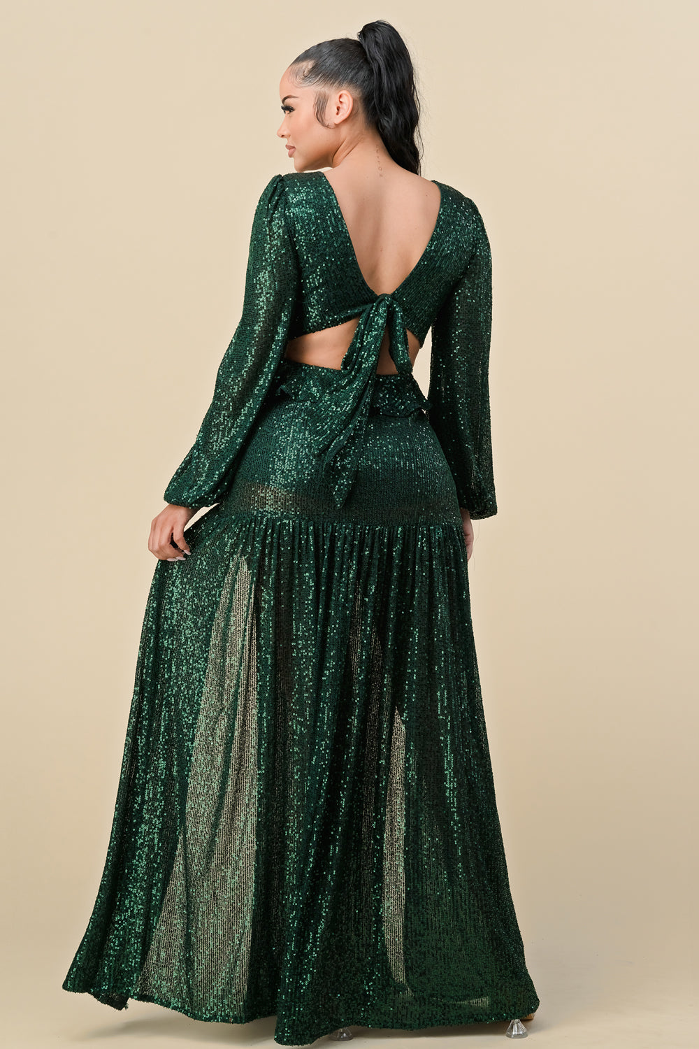 Long Deep V Neck Sequins Long Sleeve Maxi Dress