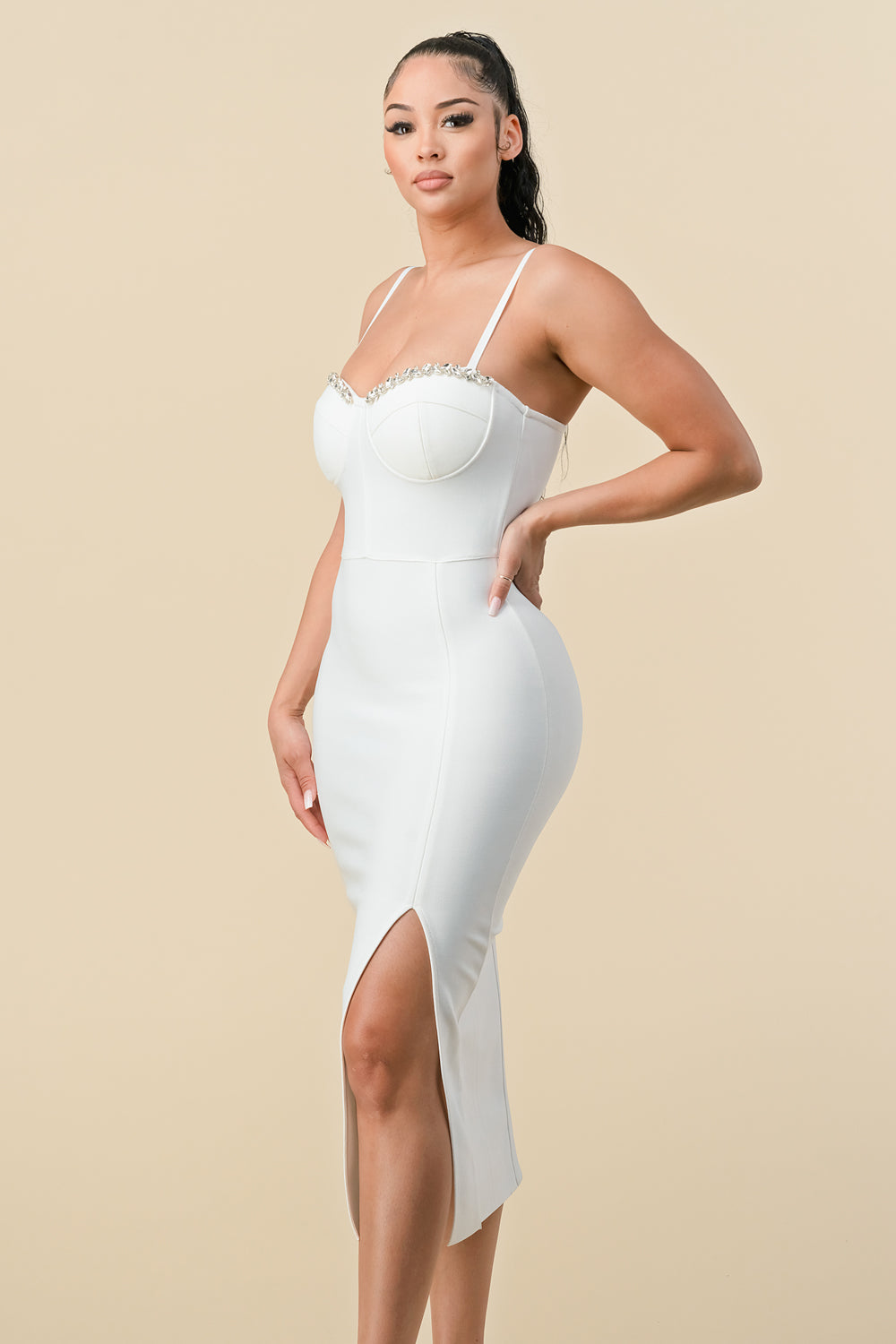 Spaghetti Strap Fitted Slit Midi Length Dress