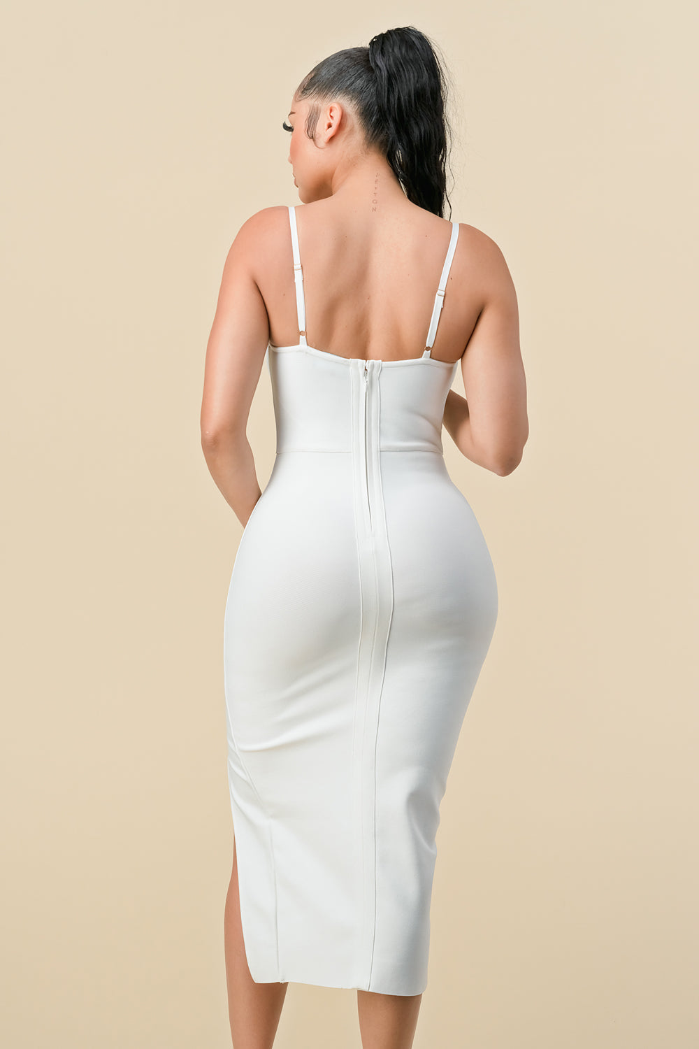Spaghetti Strap Fitted Slit Midi Length Dress