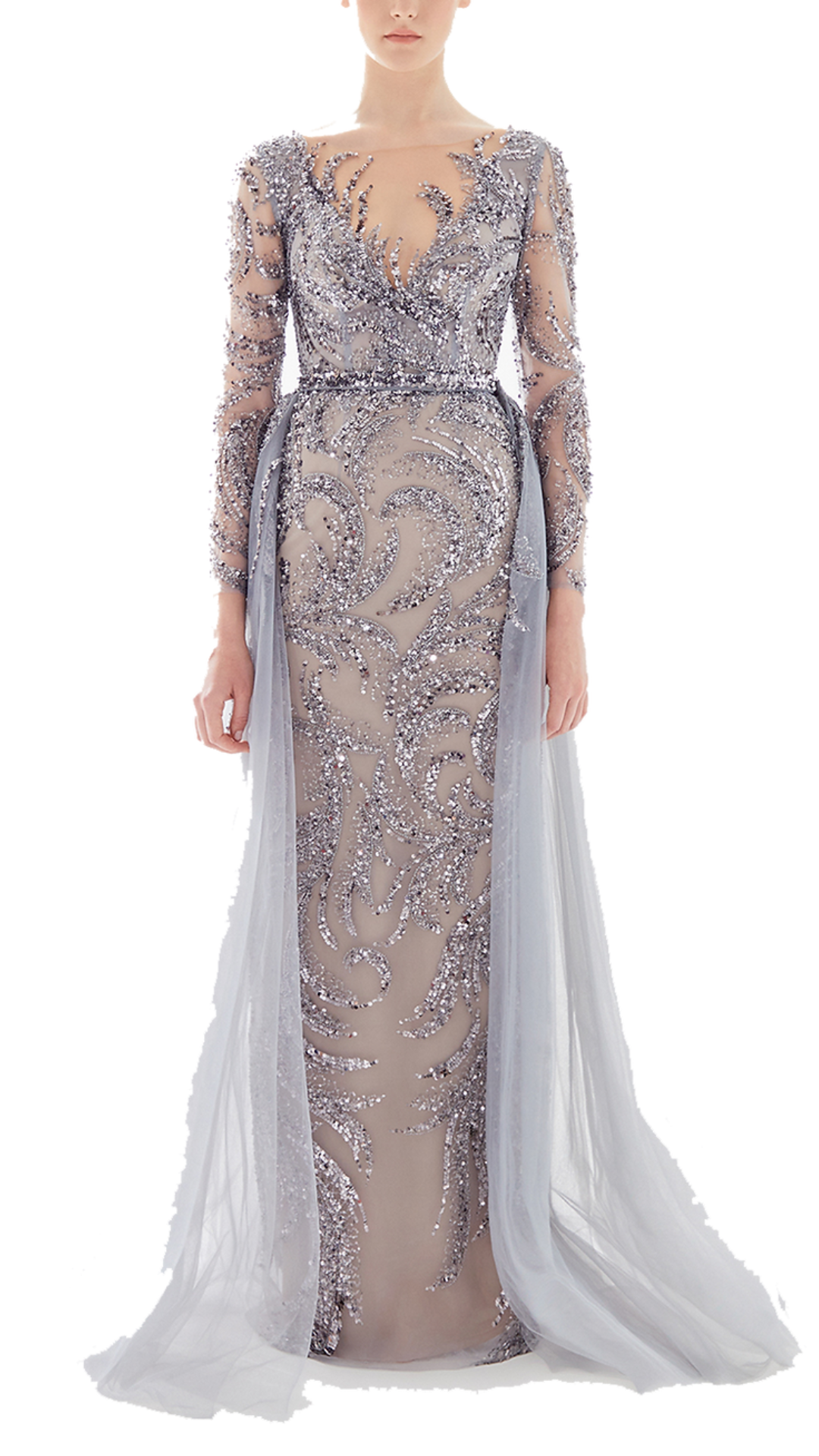 Tarik Ediz Ezhel Embroidered Long-Sleeved Gown in Grey