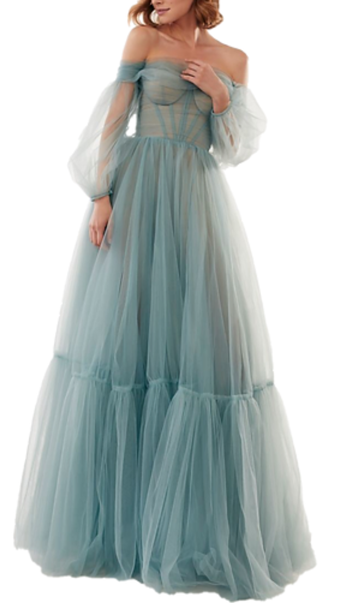 Milla Misty Off-Shoulder Balloon Sleeve Gown in Oceanwave