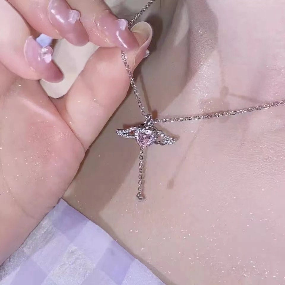 Dainty CZ Inlaid Crystal Cupid Heart Wings Matching Necklace