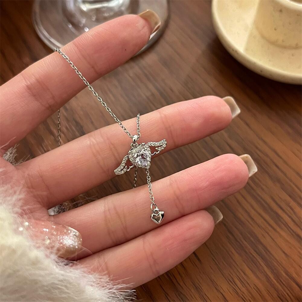 Dainty CZ Inlaid Crystal Cupid Heart Wings Matching Necklace