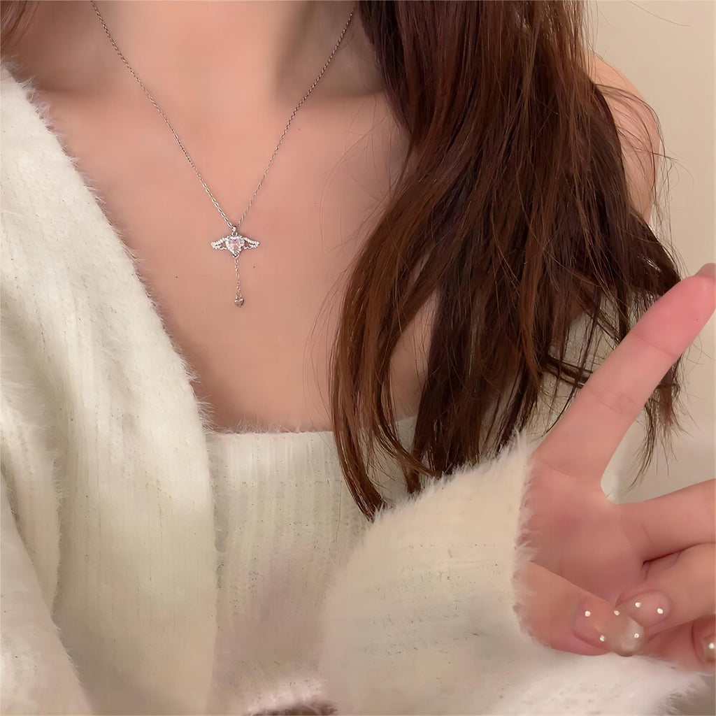 Dainty CZ Inlaid Crystal Cupid Heart Wings Matching Necklace