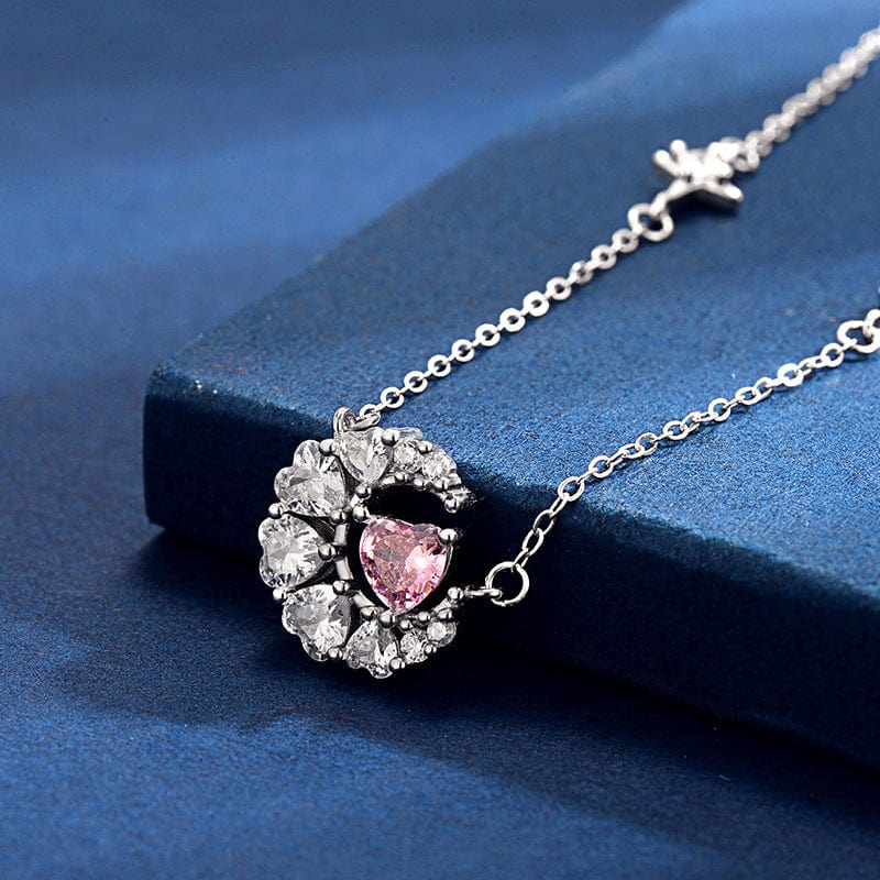 Dainty CZ Inlaid Crystal Heart Moon Phase Necklace