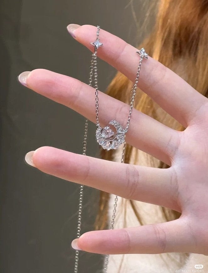 Dainty CZ Inlaid Crystal Heart Moon Phase Necklace