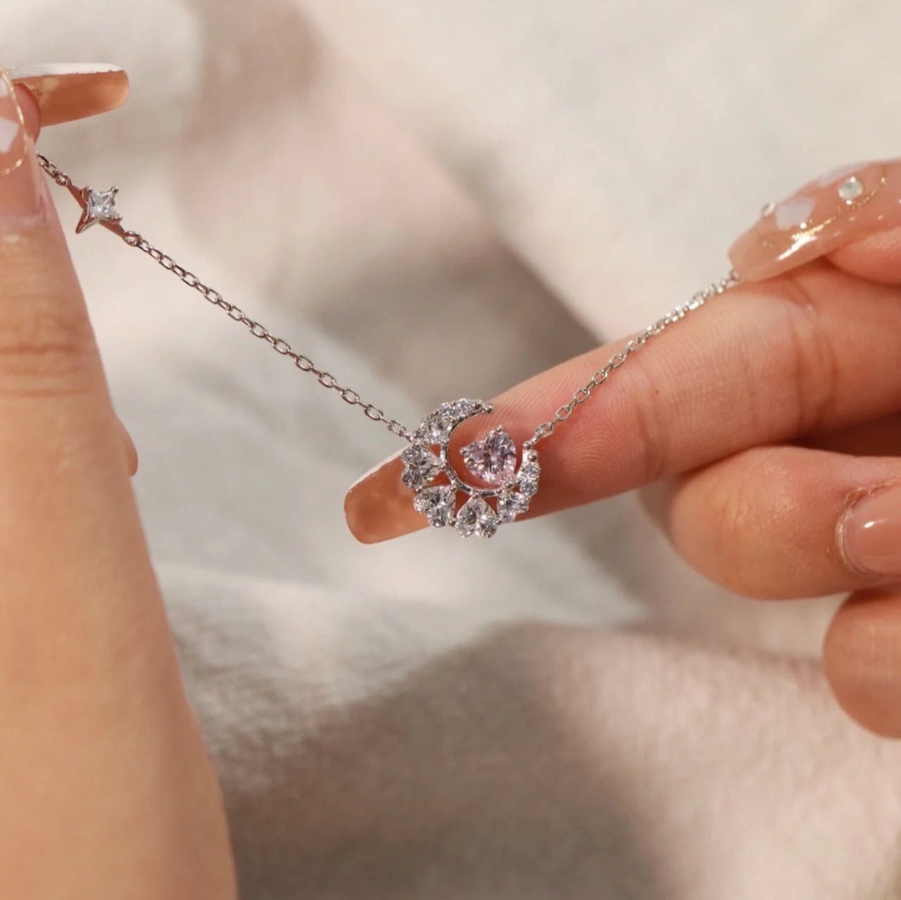 Dainty CZ Inlaid Crystal Heart Moon Phase Necklace