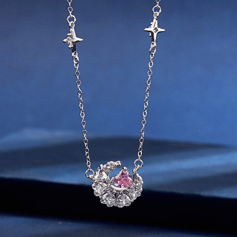 Dainty CZ Inlaid Crystal Heart Moon Phase Necklace