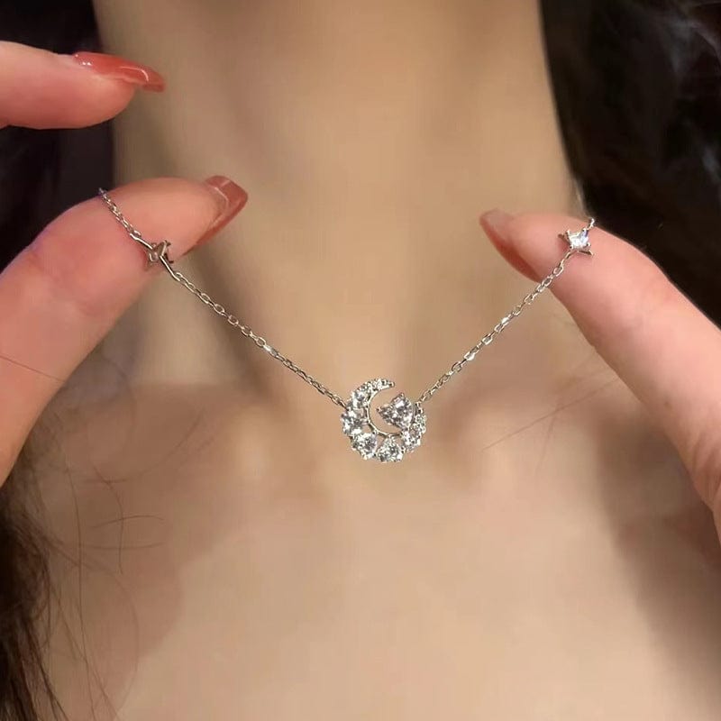Dainty CZ Inlaid Crystal Heart Moon Phase Necklace