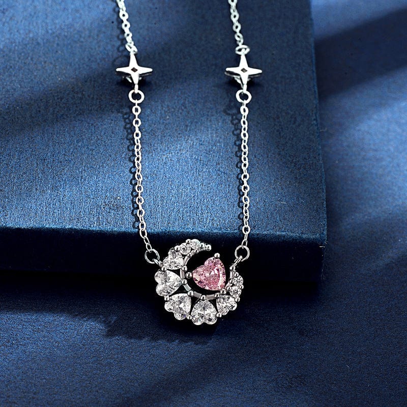 Dainty CZ Inlaid Crystal Heart Moon Phase Necklace