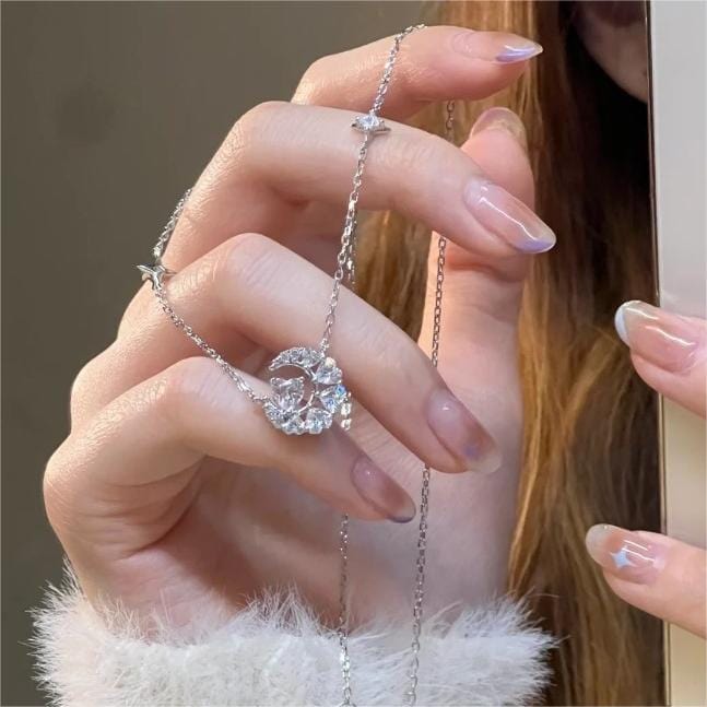 Dainty CZ Inlaid Crystal Heart Moon Phase Necklace