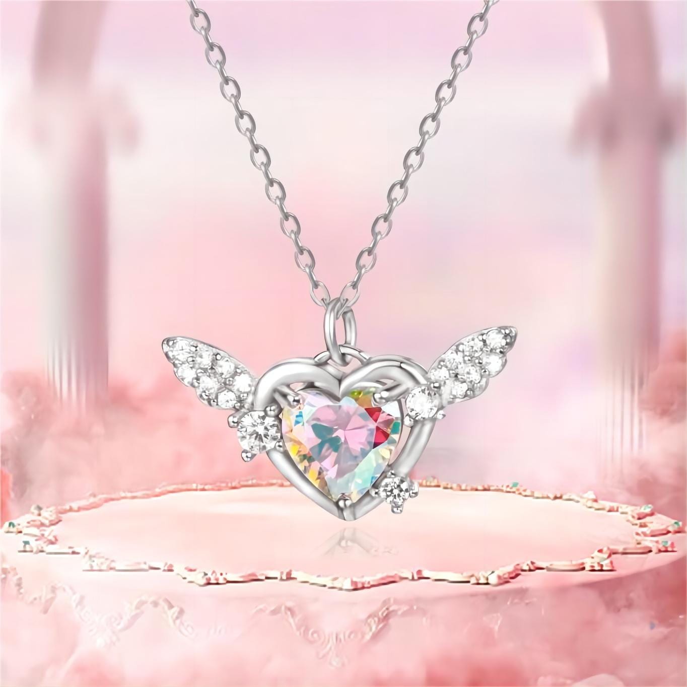 Dainty CZ Inlaid Heart Wings Necklace