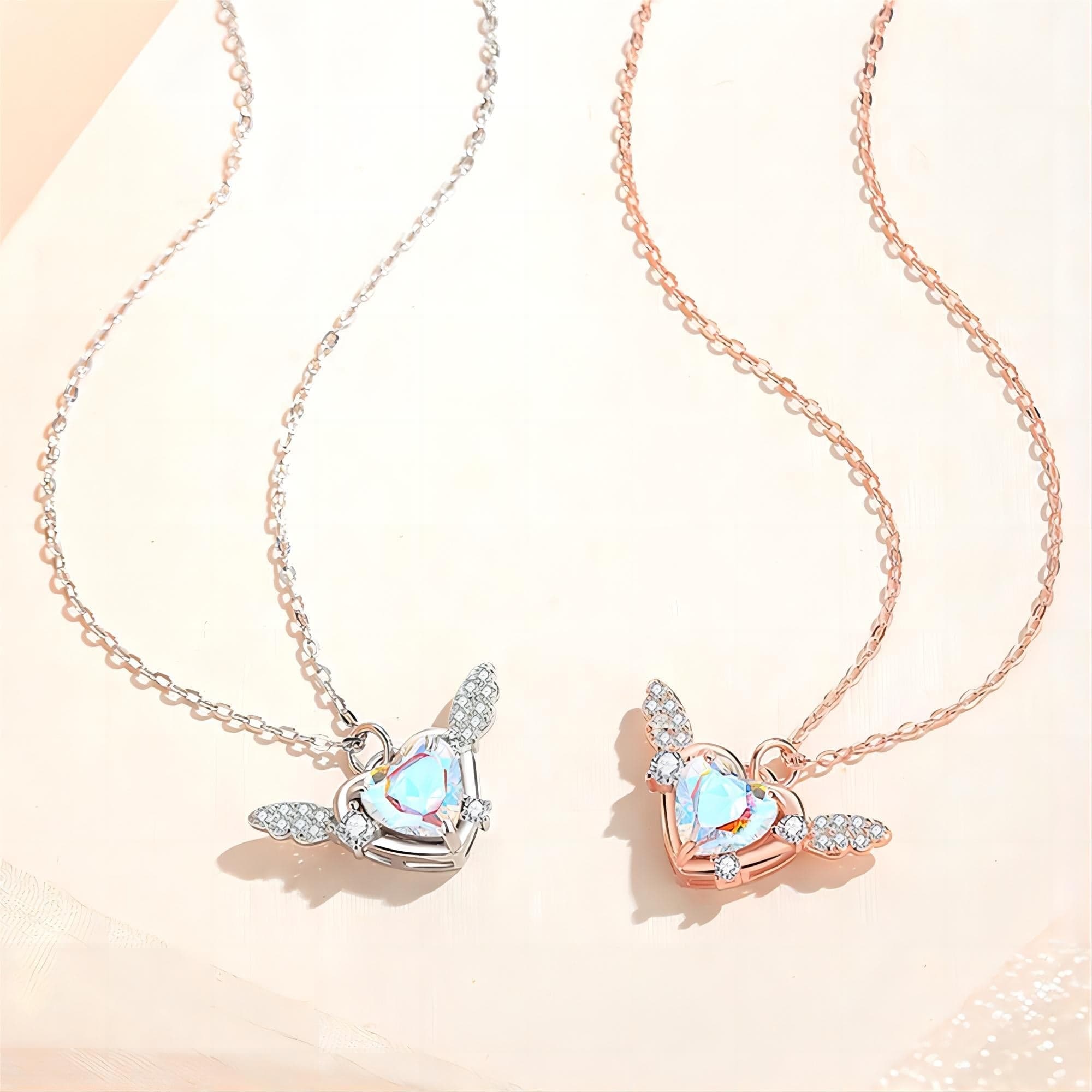 Dainty CZ Inlaid Heart Wings Necklace
