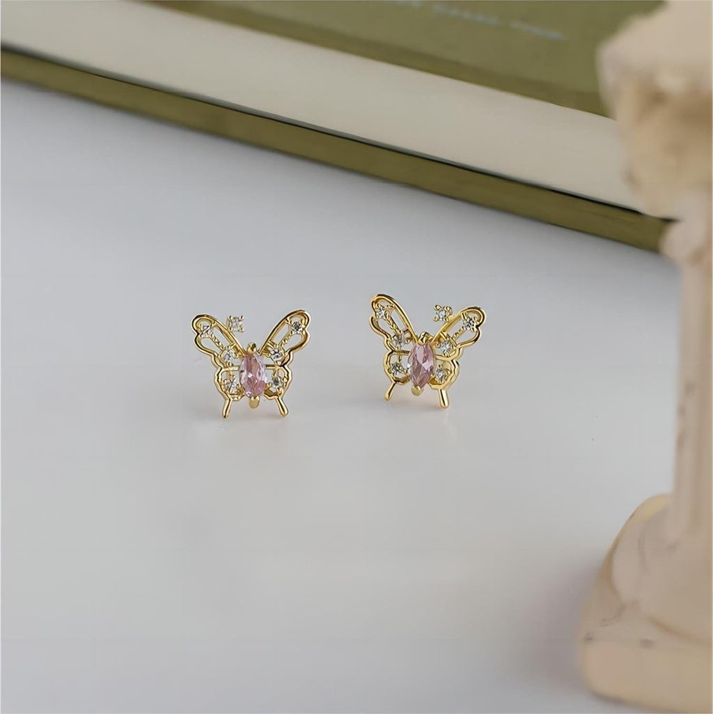 Dainty CZ Inlaid Hollowed-out Butterfly Earrings