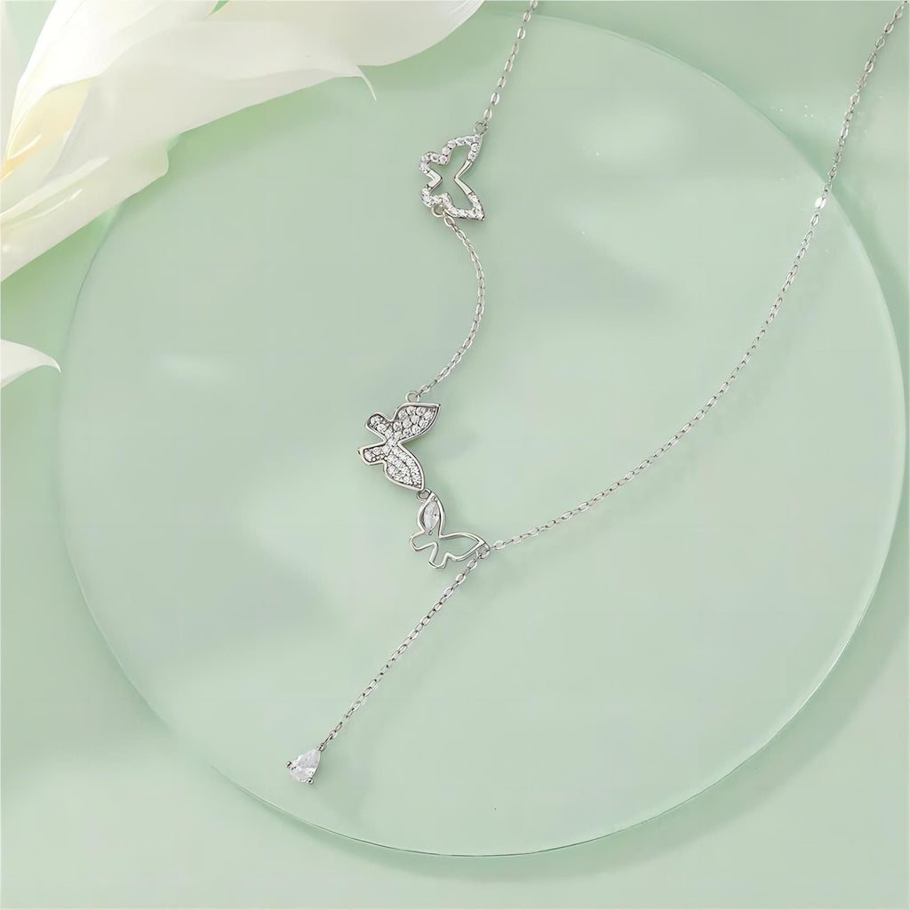 Dainty CZ Inlaid Hollowed-out Trio Butterfly Necklace