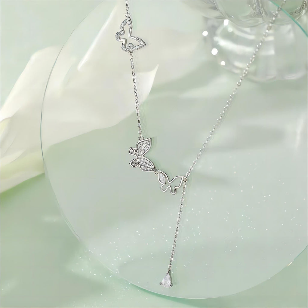 Dainty CZ Inlaid Hollowed-out Trio Butterfly Necklace